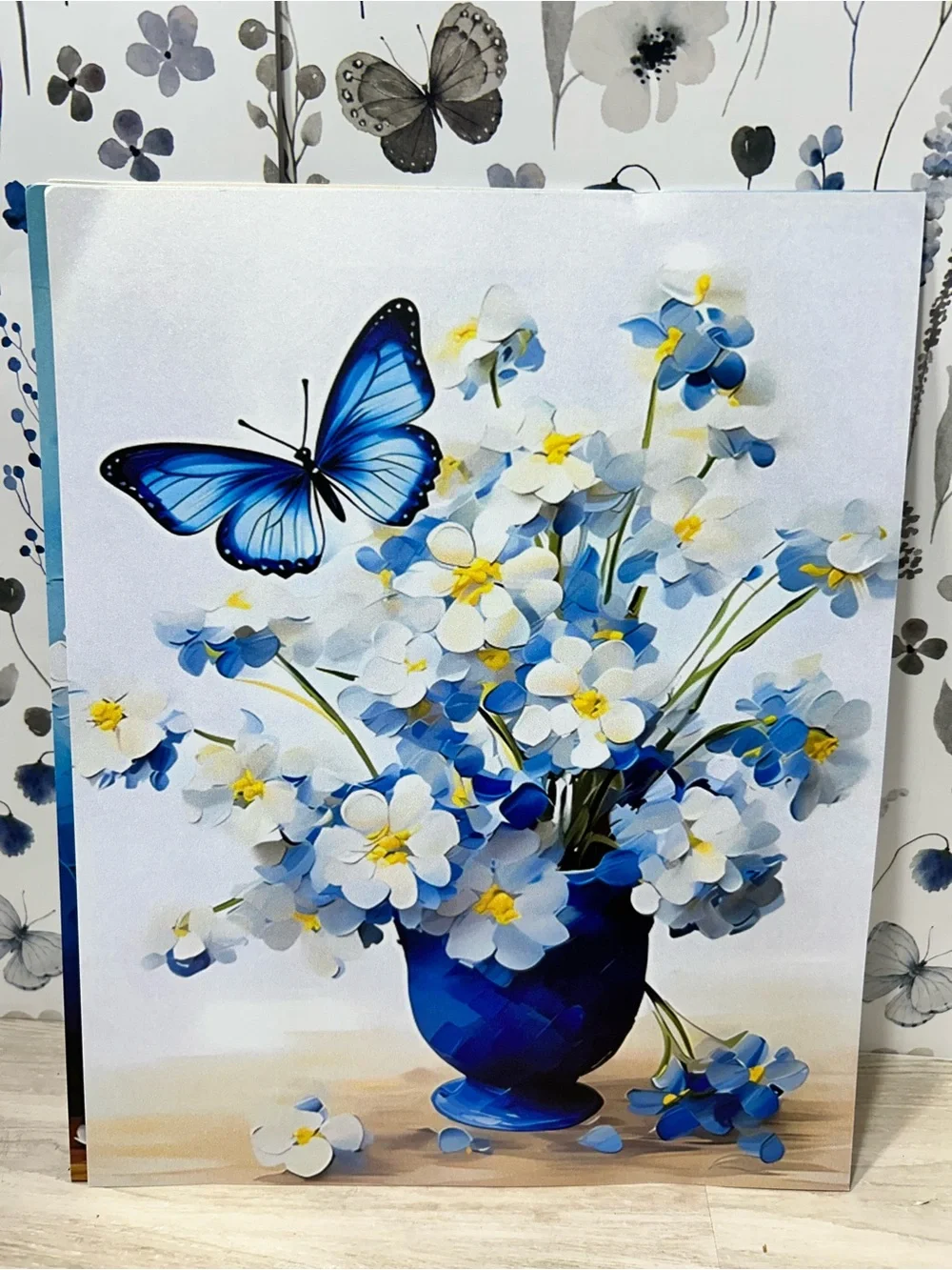 Blue White Floral Prints Set of 5 8x10 Flower Butterfly Wall Art